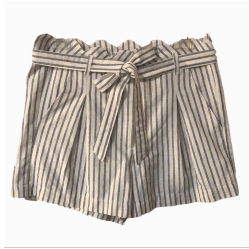 Miami Medium Linen Blend Striped Belted Scalloped Waist Shorts